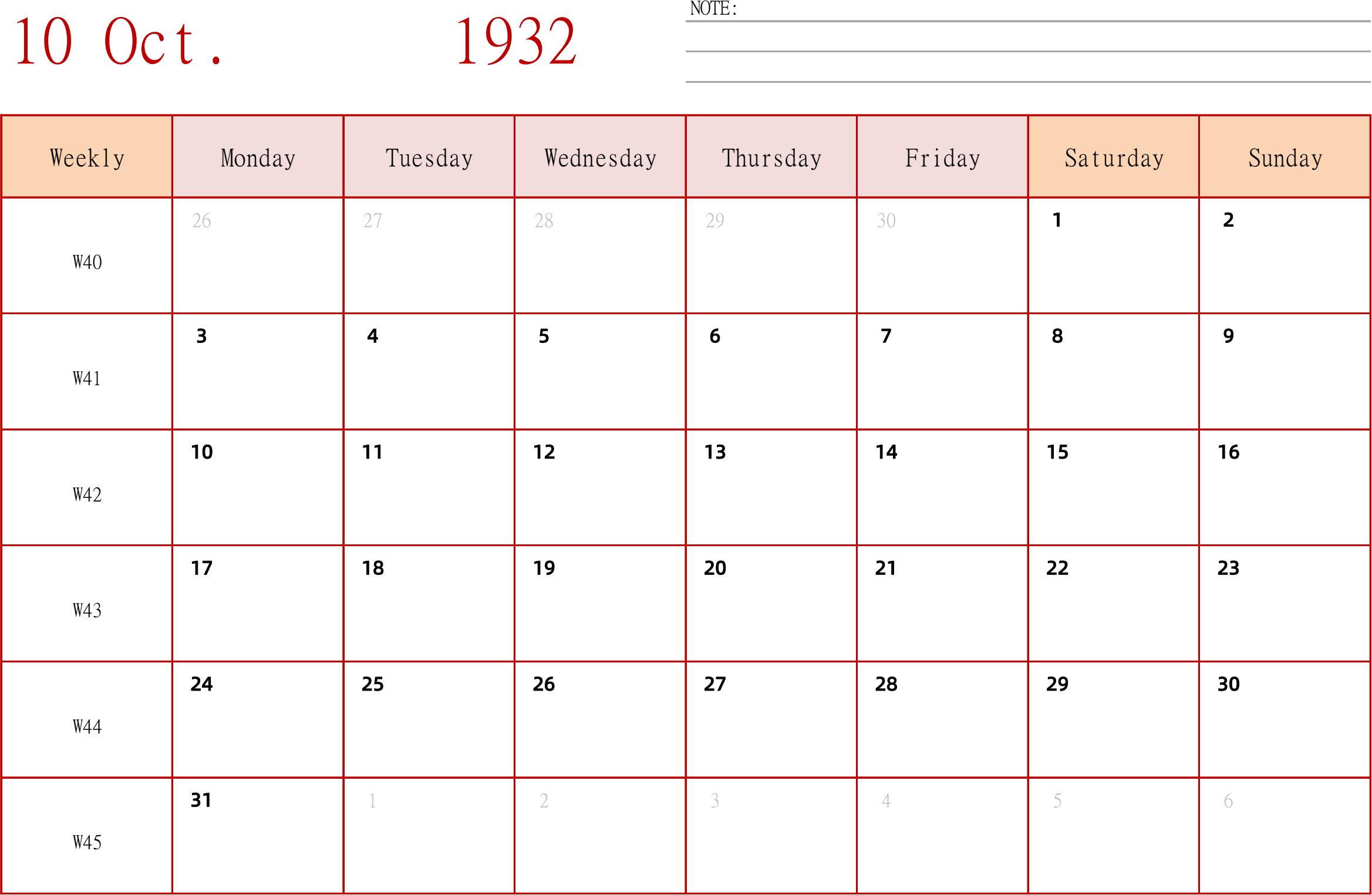 日历表1932年日历 英文版 横向排版 周一开始 带周数